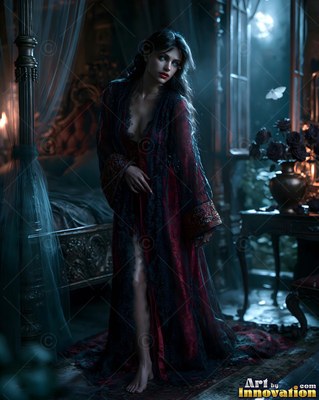 Standing by a four-poster bed, a barefoot woman wears a dark red lace robe in blue moonlight
