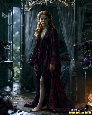 A red-haired woman in a dark velvet robe by a canopy bed