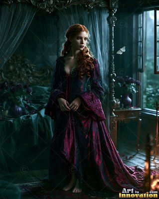 Dressed in a dark purple velvet gown, a barefoot woman stands in a dim gothic bedroom