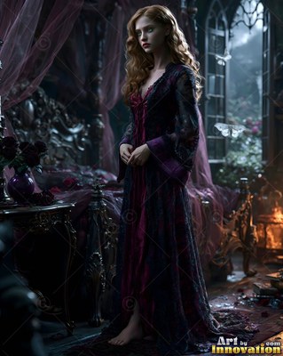 A barefoot woman stands in a dark bedroom wearing a purple velvet robe beside pale butterflies