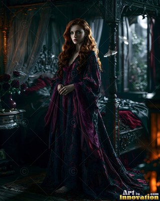 Standing barefoot in a dark bedroom, a red-haired woman wears a long purple gown