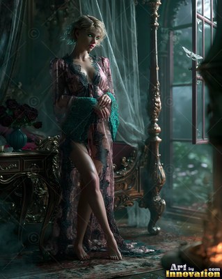 A blonde woman in a lace robe stands barefoot by an open window at night