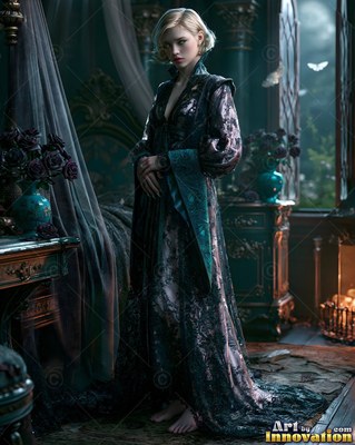 In a dark bedroom, a blonde woman stands barefoot in a long lace robe