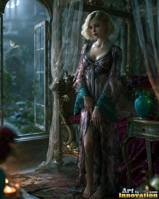 Blonde woman in a sheer lace robe stands in a dark bedroom
