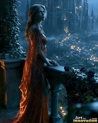 Wearing a flowing orange dress, a blonde woman stands on a stone balcony at night