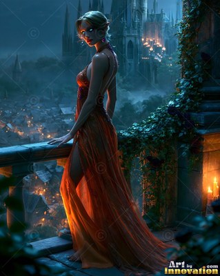 A woman stands on a stone balcony at night, warm candlelight shining through her orange dress