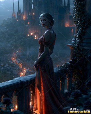 Standing in profile on a stone balcony, a woman in a red dress looks back