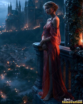 A barefoot woman in a sheer red dress stands on a stone balcony at night