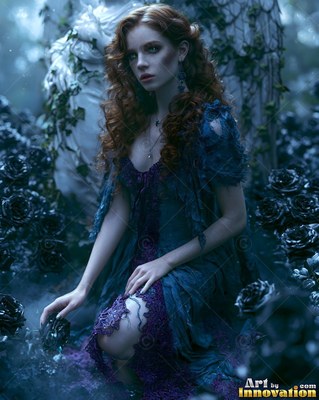 In a misty black rose garden, a red-haired woman kneels in a blue gown