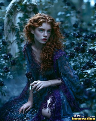 Holding a black rose, a red-haired woman kneels in a dark garden by a statue
