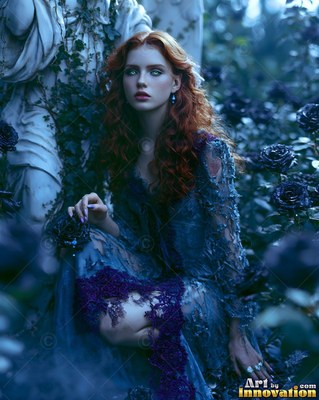 Red-haired woman in a dark lace dress among black roses