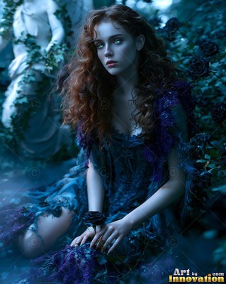 Long red hair frames a pale woman sitting in dark blue flowers beside a statue