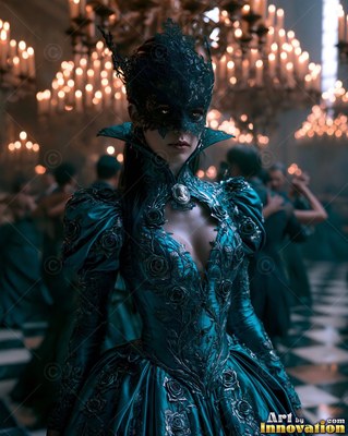 A masked woman stands in a ballroom under warm chandelier candlelight