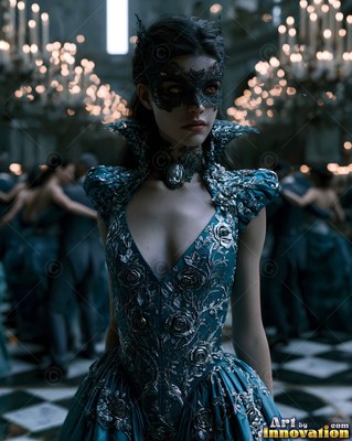 Standing straight in a dark ballroom, a woman wears a lace mask and teal gown
