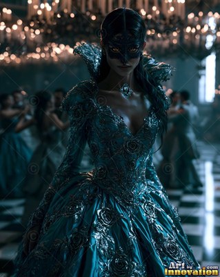A masked woman stands in a ballroom wearing a dark teal gown under candlelight