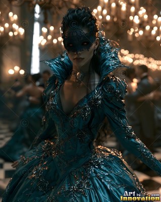 In a ballroom, a masked woman wears a teal gown under chandeliers