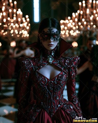 Standing beneath chandeliers, a woman wears a black mask and a deep red gown