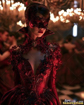 A woman in a red masquerade dress and lace mask under chandeliers