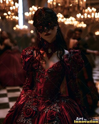 Wearing a black lace mask, a woman in a red rose gown stands in a ballroom