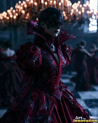 A masked woman in a dark red gown poses in a ballroom lit by warm candlelight