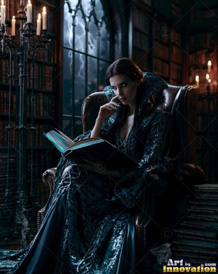 Seated in a dark library, a woman in a velvet gown reads an open book