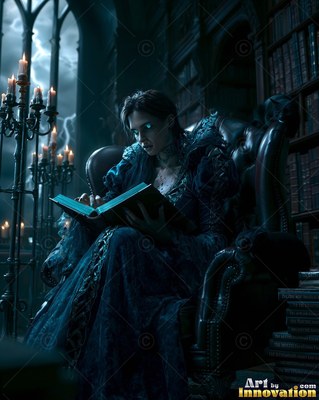 A pale woman in a dark dress sits reading an open book in a shadowy library