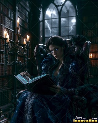 In a dark library, a pale woman in a blue gown reads in an armchair