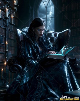 Reading an open book, a pale woman in a black gown sits in a leather chair by candlelight