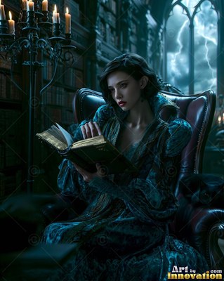 Woman in a teal velvet gown reading a book in a library armchair