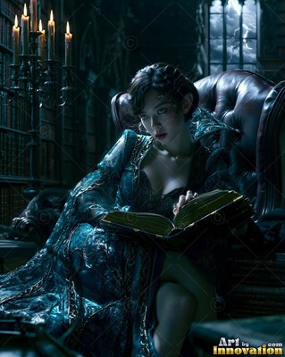 A dark teal gown wraps around a seated woman reading an open book in a library under candlelight