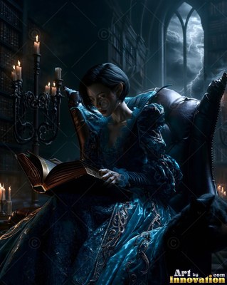 A woman in a blue gown reads an open book in an armchair by candlelight