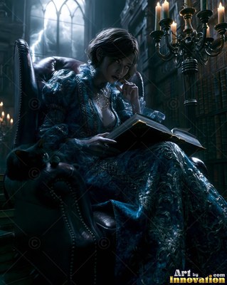 Seated in a dark library, a woman in a blue dress reads a book