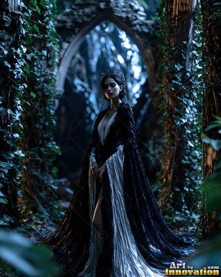 A pale woman in a black and white gown stands in a dark stone archway covered in ivy
