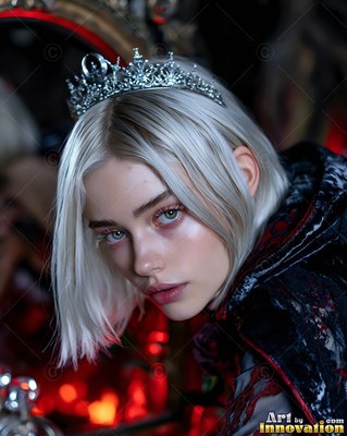 Glancing over her shoulder, a woman with short white hair wears a silver crown and black cape