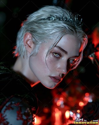 Pale woman with short white hair wearing a crown in red light