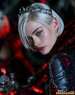 Wearing a silver tiara, a pale young woman sits in a dark room with red light