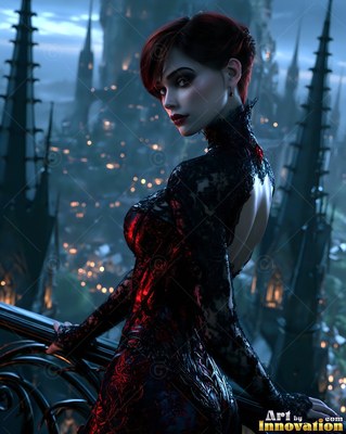 A woman in black lace leans on a high balcony overlooking city lights in the cool blue dusk