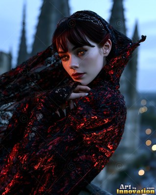 Turned toward the camera on a rooftop, a woman in a black and red lace hood looks back