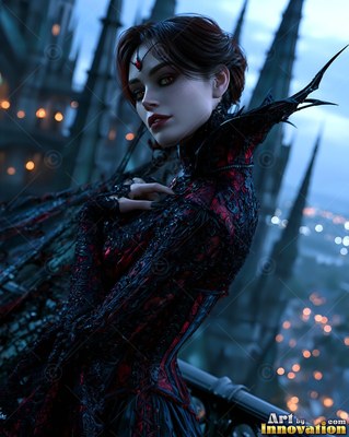 A pale woman in a black and red dress leans on a high balcony above the city