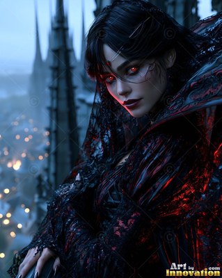 On a dark high balcony, a pale woman in black lace looks back with red eyes