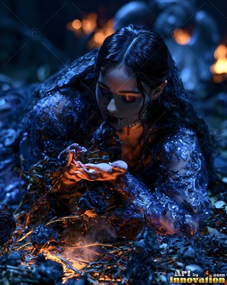 Crouching in dark brush, a young pale woman in a blue gown holds a dead flower