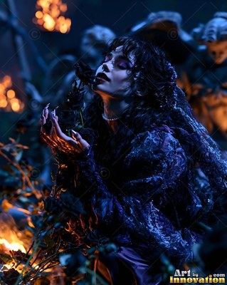 A woman in dark lace holding a black rose to her face in blue light