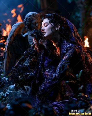 In a dark purple lace veil, a woman smells black roses near an angel statue by a fire