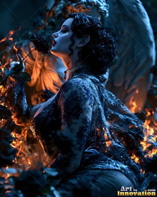 A woman in a black lace gown leans back to smell a rose in warm orange firelight