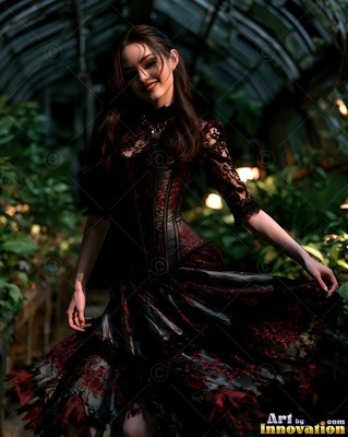 Smiling and spinning in a dark greenhouse, a woman carries out her black and red dress