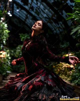 A woman in a dark red dress twirls with open arms inside a greenhouse