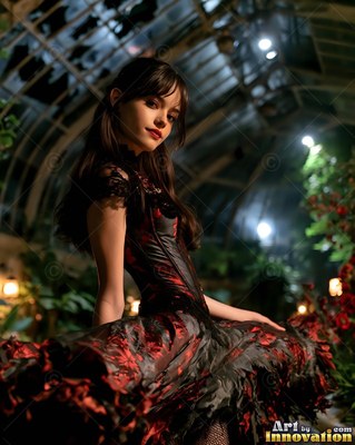 In a dark greenhouse, a young woman poses in a ruffled black and red gown