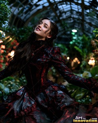 Spinning in a greenhouse, a smiling woman wears a dark ruffled gown