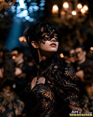 A dark-haired woman in a black lace mask and lace gown stands at a ballroom masquerade
