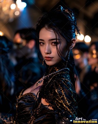 Black lace shoulders frame a pale woman standing in a dim ballroom full of masked guests